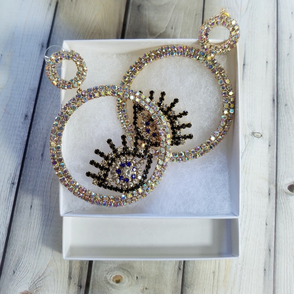 Evil Eye Large Rhinestone Earrings - Picture 6 of 7